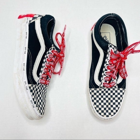 Vans Old Skool Black Suede & Checkerboard Disarray Sneakers with Red Laces - Picture 5 of 14